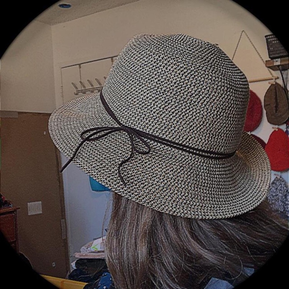 Brown and cream straw hat with suede bow